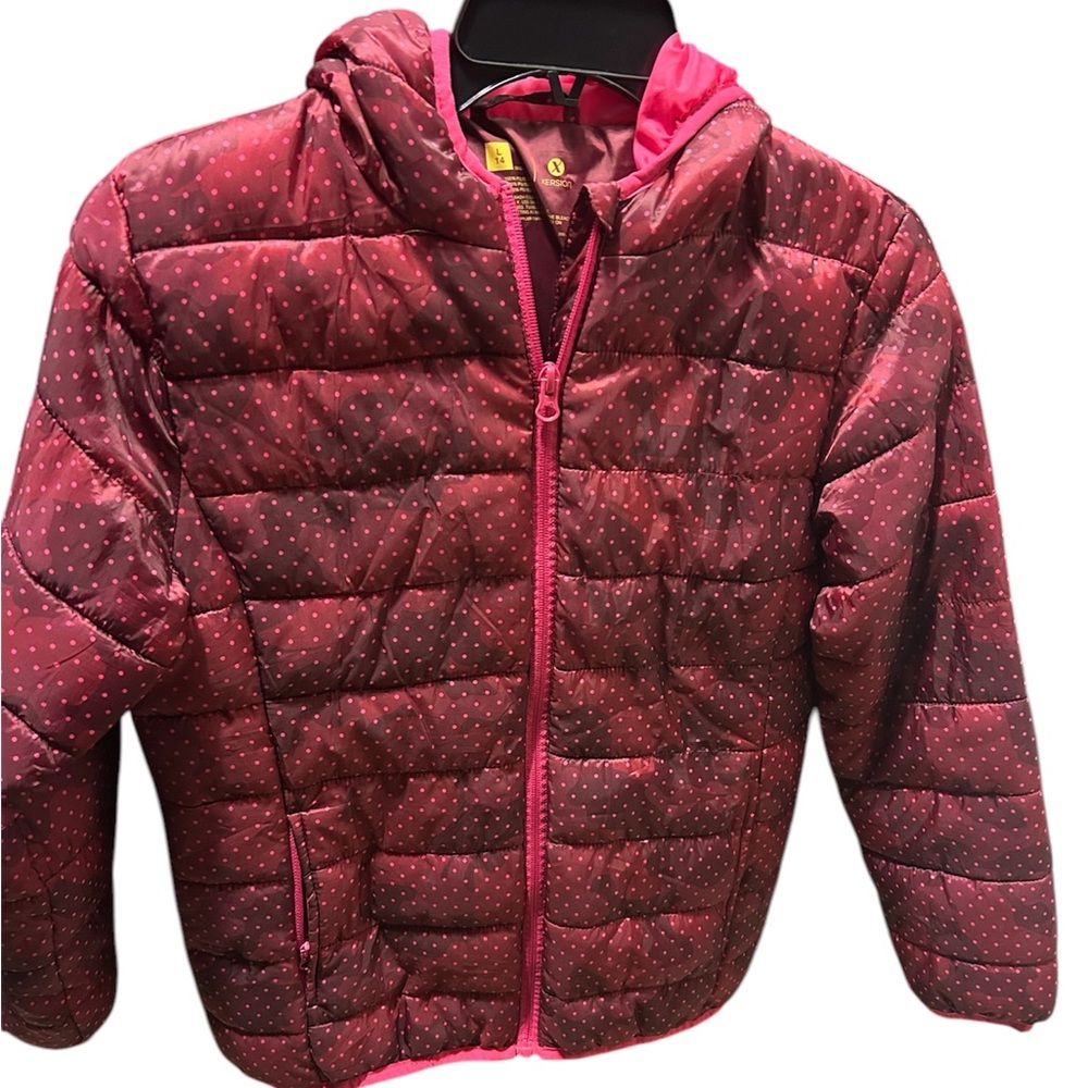 Xersion Puffer Jacket Girls 14 Black Star Pink Hooded Lightweight Coat